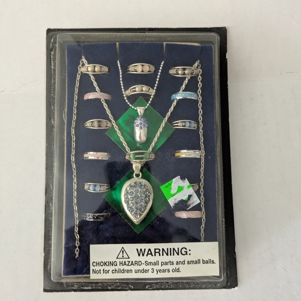 Vintage Vending Machine Silver Jewelry Set with Blue Accents.Necklaces And Rings